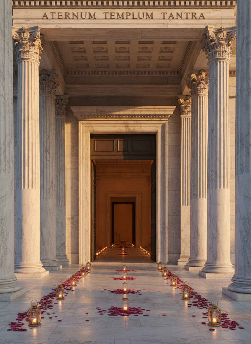 Un ingresso monumentale di un tempio in stile romano antico, dedicato al tantra, fotografato in modo iper-realistico. Alte colonne di marmo chiaro, con leggere venature dorate, incorniciano un portale aperto che lascia intravedere un interno avvolto da luce calda. Sul pavimento di pietra levigata, petali di rosa e piccole lanterne in vetro ambrato creano un percorso simbolico. È tardo pomeriggio, con luce dorata che filtra lateralmente, proiettando ombre eleganti sulle colonne. L’atmosfera è solenne ma accogliente, sofisticata, con composizione frontale a livello occhi e profondità di campo nitida, pensata come hero image per il sito di Aeternum a Pomezia.
