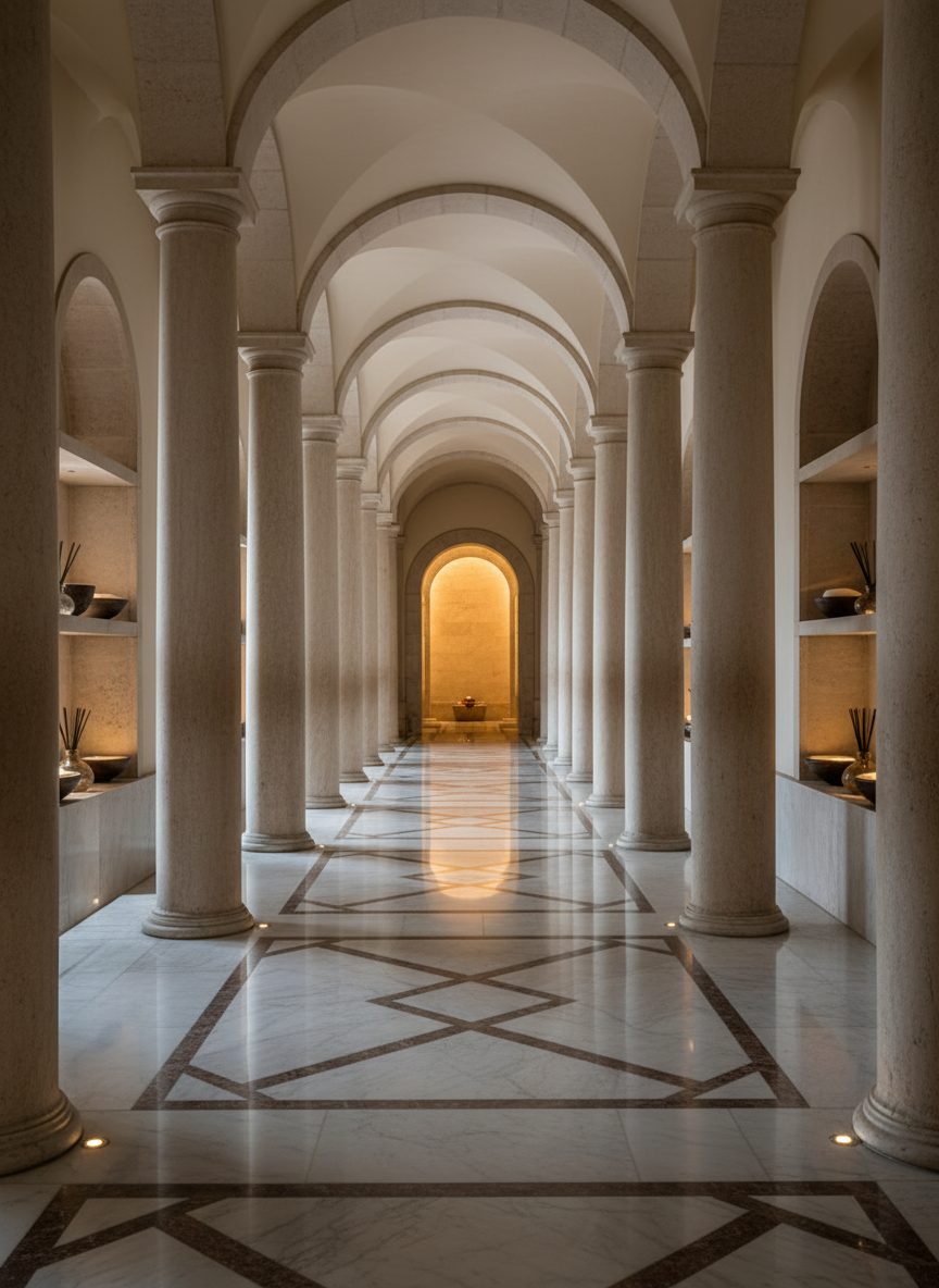 Un corridoio di un tempio romano reinterpretato per il tantra olistico, colonne in pietra chiara e luce dorata in fondo.
