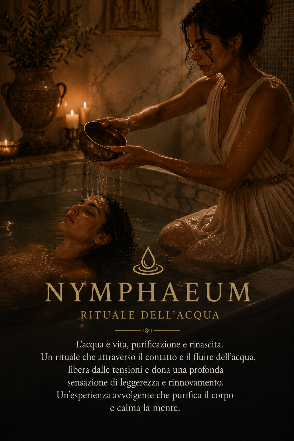 Sauna e acqua in un ambiente ispirato ai ninfei romani